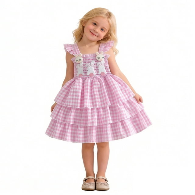 Robe de Pâques Bébé Fille Robe Brodée Lapin Sans Manches Robes Petite Fille 3-4 Ans