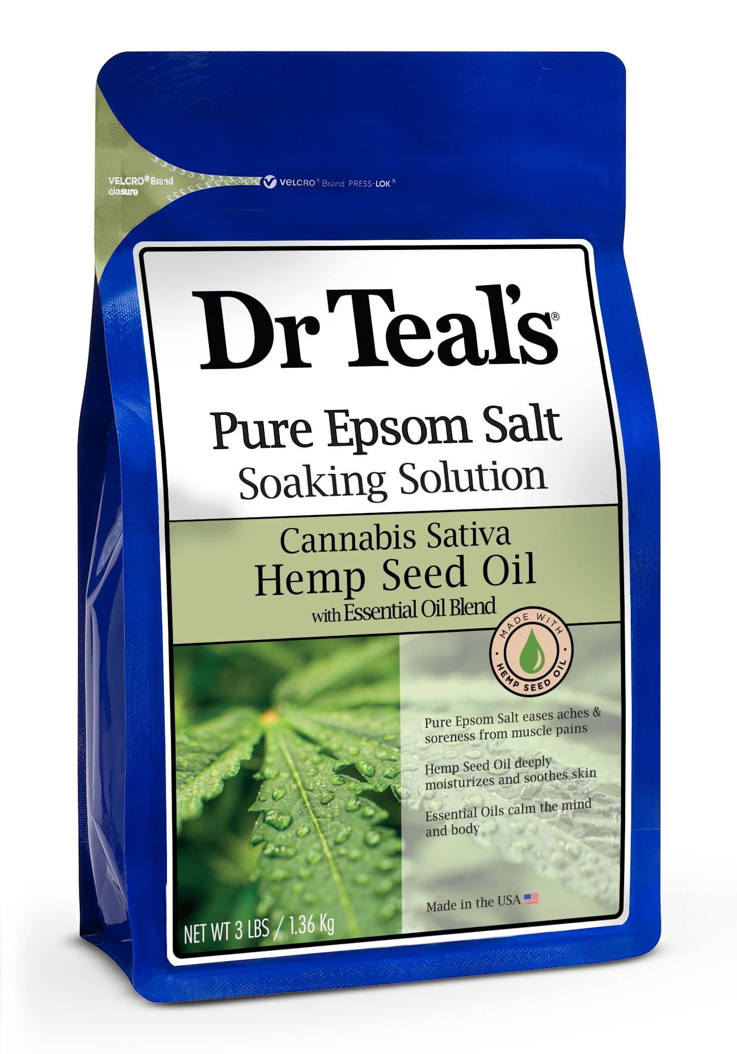 Dr Teal's Pure Epsom Salt Soak, Cannabis Sativa Hemp Seed Oil with Essential Oil Blend, 3 lbs
