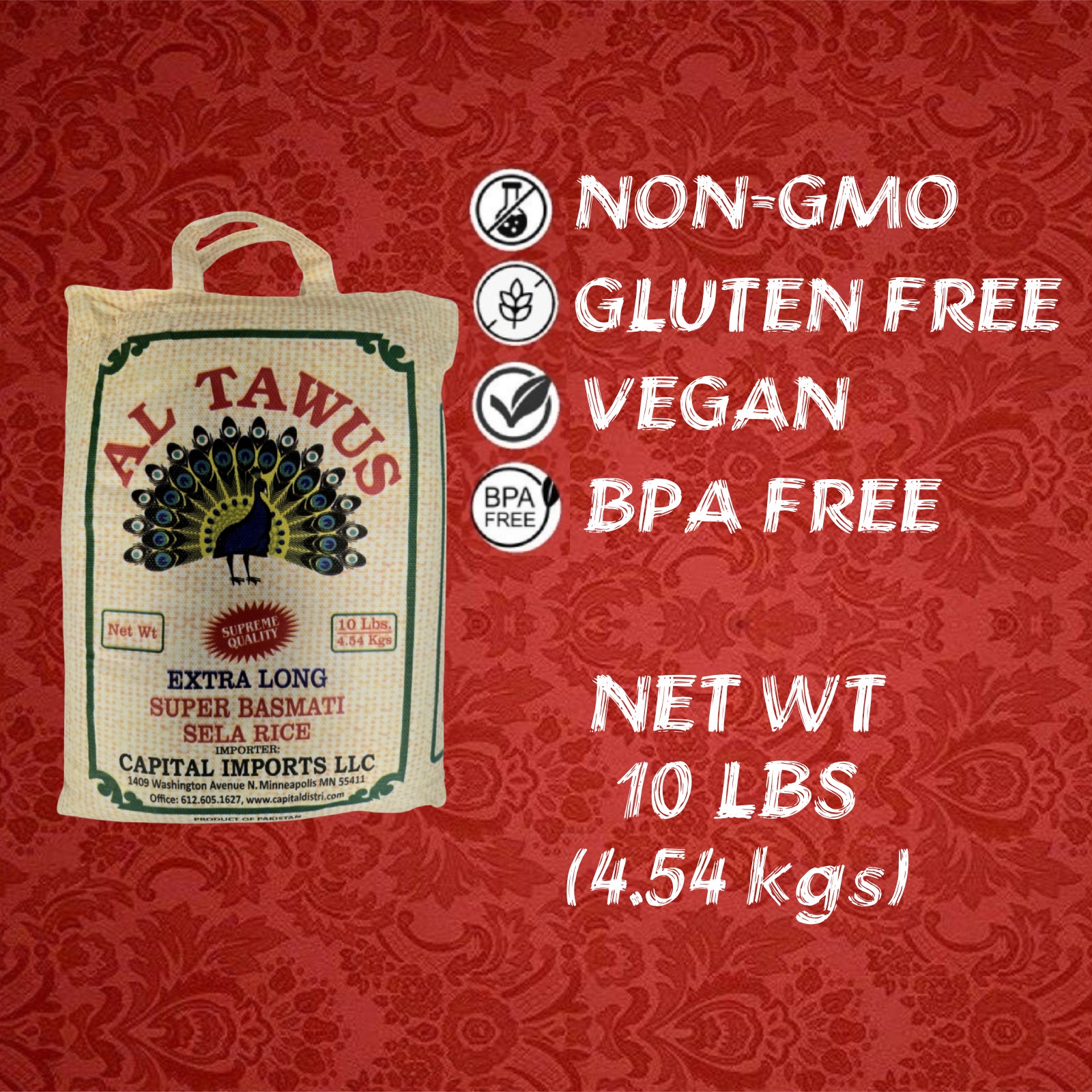 Al Tawus Supreme Quality Extra Long Super Basmati Sela Rice 10 Lbs / 4.54 kg, Non GMO, Extra Long Basmati Rice, White Rice, Vegan Rice, BPA & Gluten Free, Zip Lock Bag, Dried Grains