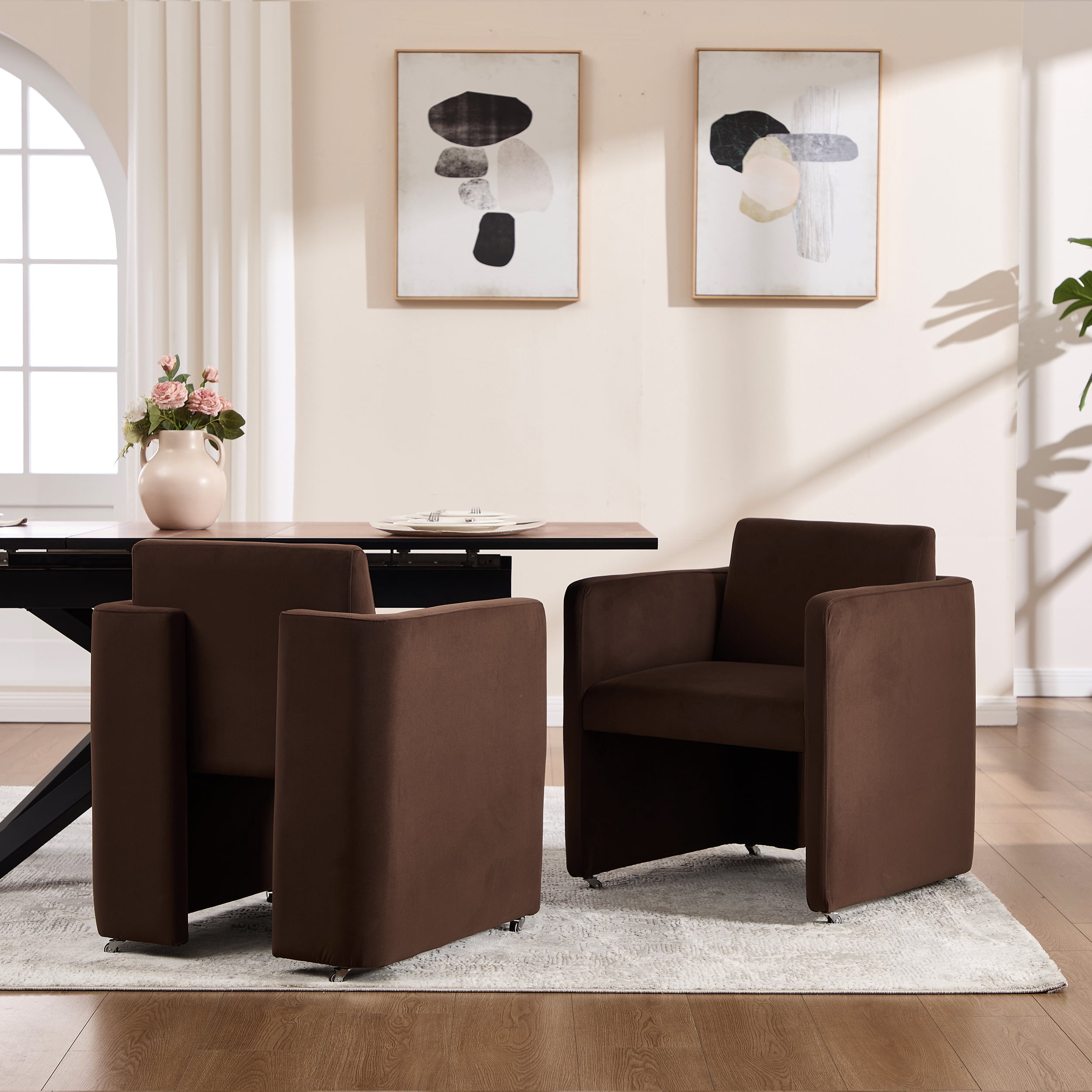 Barrel Dining Chair with Velvet Fabric and Arms, Upholstered Accent Chair and Side Seating for Living Room Home Office Reception, Velvet Chocolate