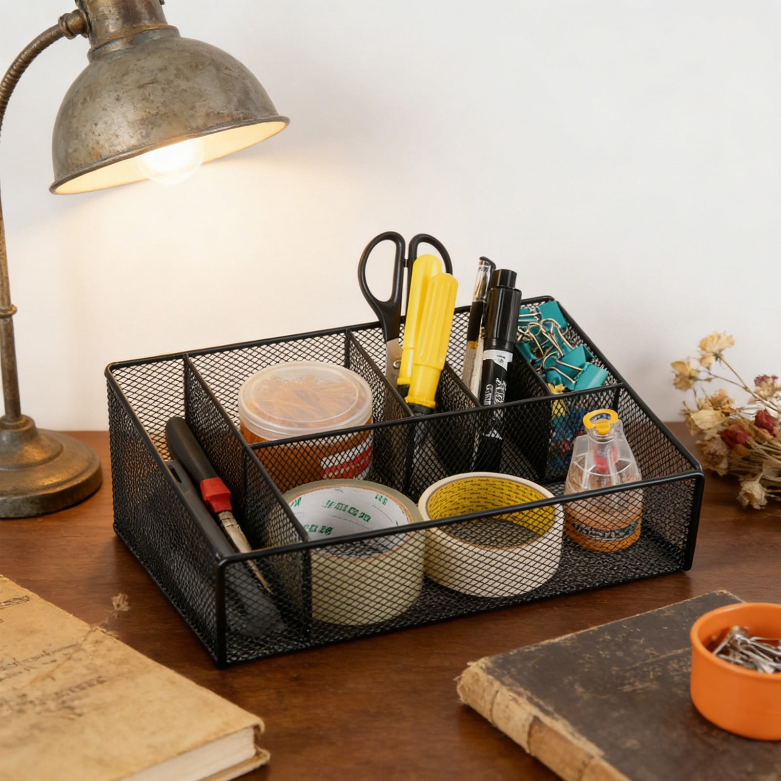 Metal Mesh Desk Organizer 6 Compartments Pen Holder Multi Functional Storage Caddy For Office Supplies Cosmetics Desktop Organization Durable Wire Structure Desk Organizer