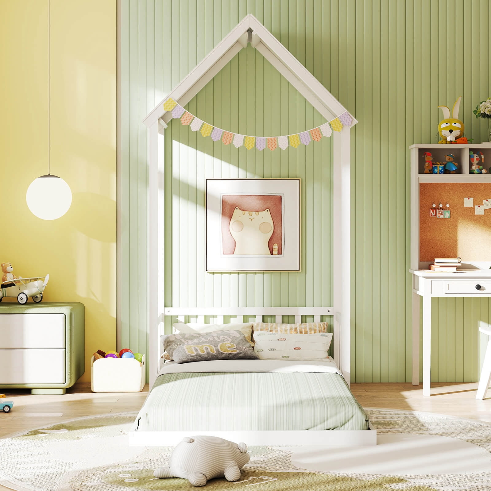 Costway Twin Size House Bed Montessori Floor Bed with House Shape Roof & Semi-Fence White