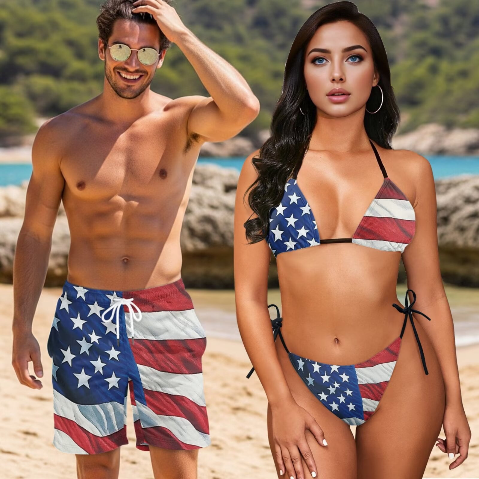 Uourmeti Art American Flag Print Husband and Wife Matching Swimsuits Patriotic 4th of July Matchable Couples Hawaiian Outfits Summer Beach Bikini Set for Women Mens Swim Trunks Hawaii Beachwear