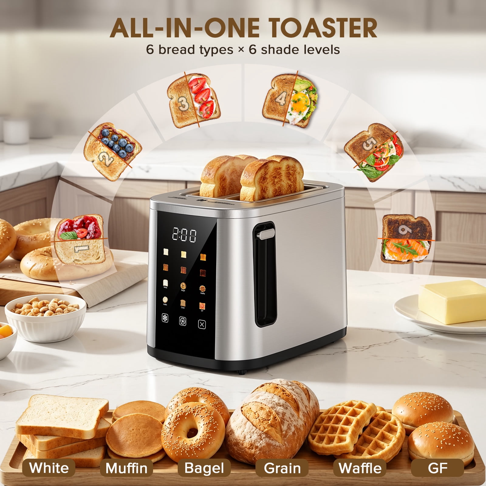 ONSON 2 Slice Toaster, LED Touchscreen, Stainless Steel，Wide Slot, 800W, 6 Bread Modes, Auto Timer, Kitchen Essential