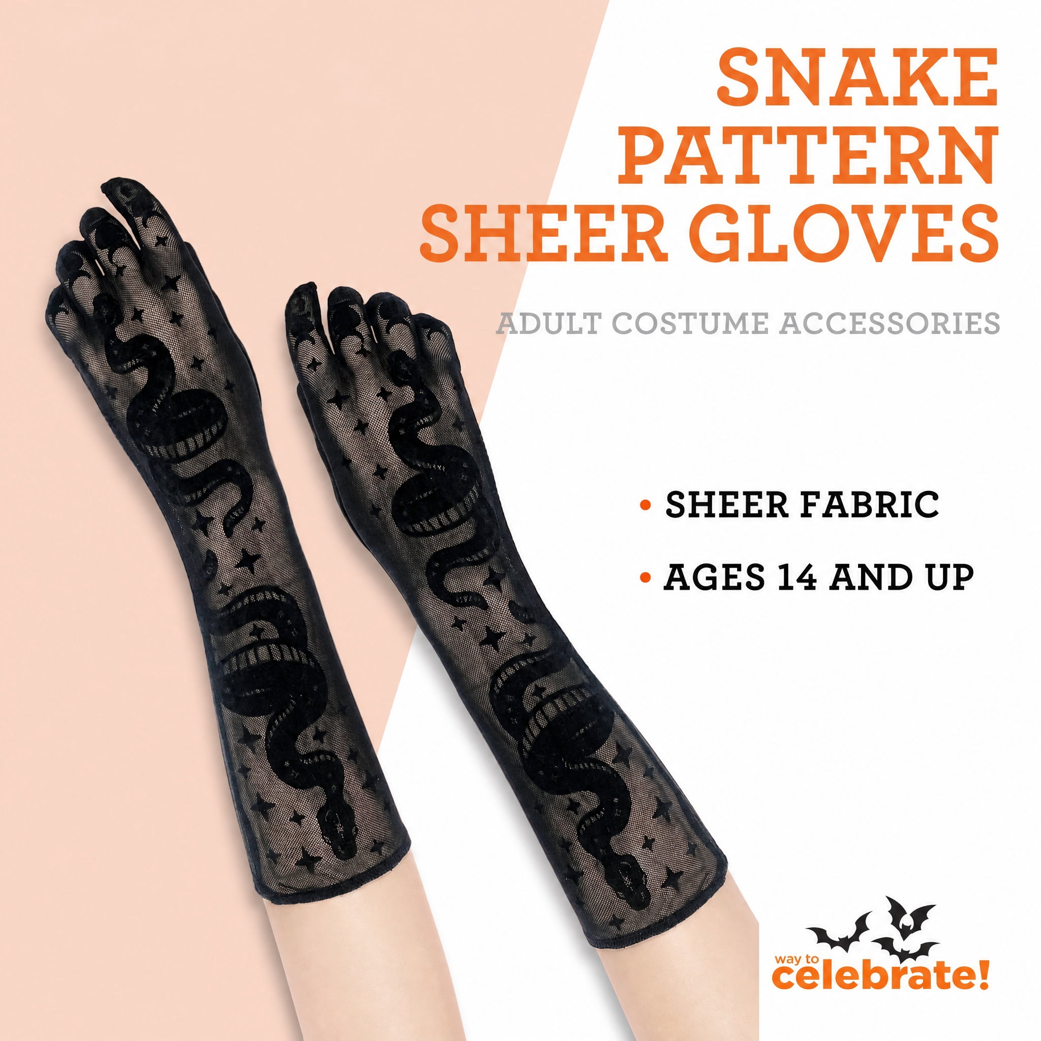 Snake Pattern Sheer Gloves Costume Accessory for Adults, Black, Halloween by Way To Celebrate