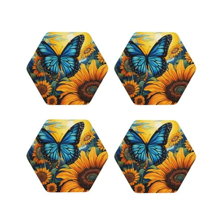 

Tideii Colorful Cloud Butterfly Sunflower for Leather Coasters 4 Pieces Anti-fouling and Anti-scalding Decorative Coasters Suitable for Restaurants Kitchens Coffee Shops-Hexagon