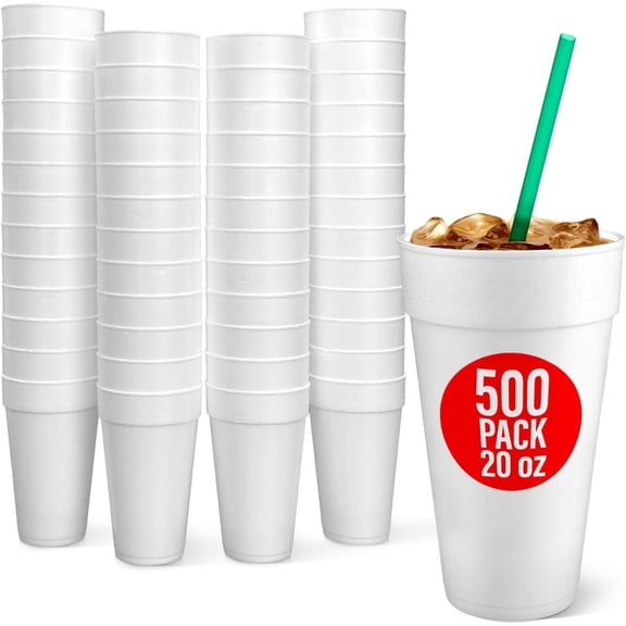Styrofoam Cups 20 Oz, 500 Count Disposable Foam Cups for Coffee, Tea, Hot Cocoa, Soup, Broth, Smoothie, Soda, Juice