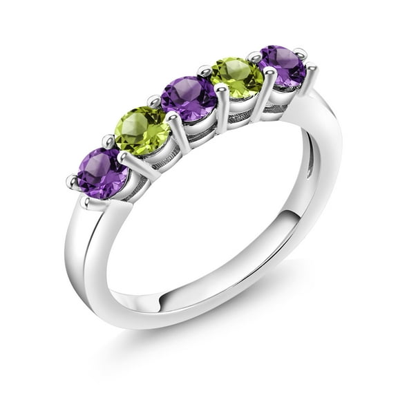 Gem Stone King 925 Sterling Silver Purple Amethyst and Green Peridot 5-Stone Wedding Anniversary Band Ring for Women (0.89 Cttw, Gemstone February Birthstone, Size 8)