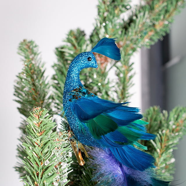 TFFR Faux Peacock Ornaments Glitter Blue Peacock Ornaments Artificial
