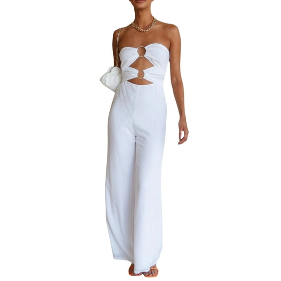 Qmyliery Women's Sleeveless One-Piece Clothes, Solid Color Backless Metal Ring Linked Loose Fit Wide-Leg Jumpsuit