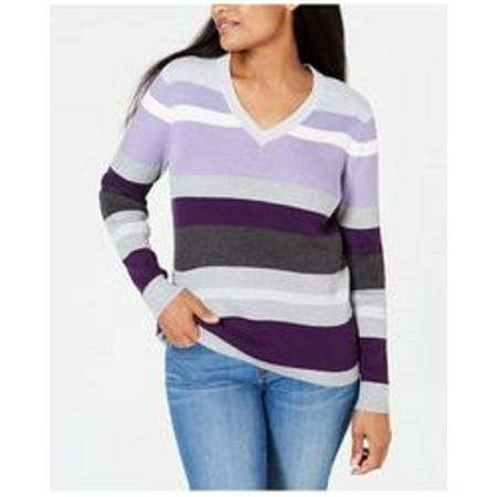 Karen Scott Women's Petite Emma Cotton Striped Sweater Med Purple Size Petite EXtra Large