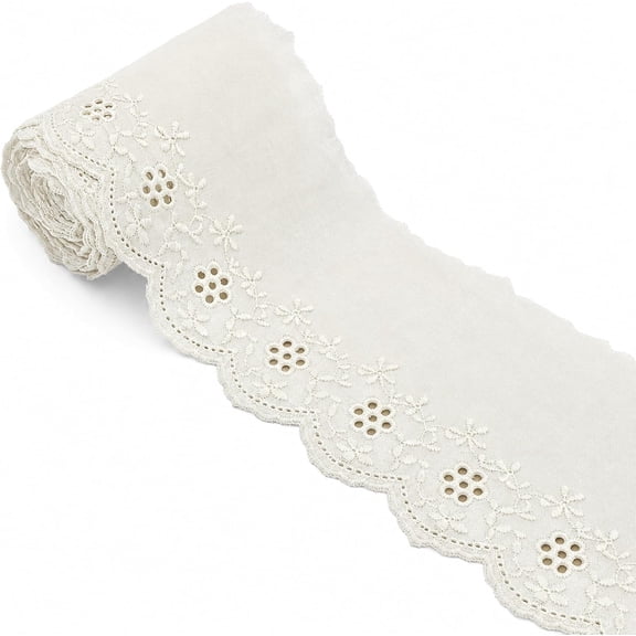 179.13 Inch Cotton Lace Fabric, 5.63 Inch Wide Floral Embroidery Eyelet Lace Trim with Scalloped Edge for Sewing, Home Decor and DIY Crafts (Beige)