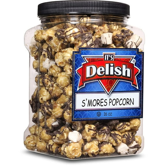 Chocolate S'mores Popcorn by Its Delish, 16 Oz 1 Lb Jumbo Container Bulk Popcorn, Caramelized with Chocolate and Marshmallows Corn Snack, Parties  Non-Dairy, Kosher