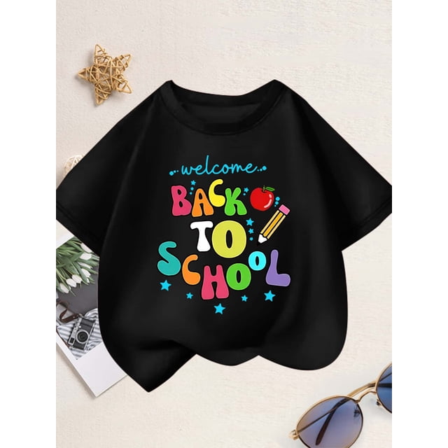 Welcome Back to School" Girls' Pink T-Shirt - Casual & Comfortable Cotton Round Neck Tee with apple, Pencil, and Star Print, Perfect for Summer