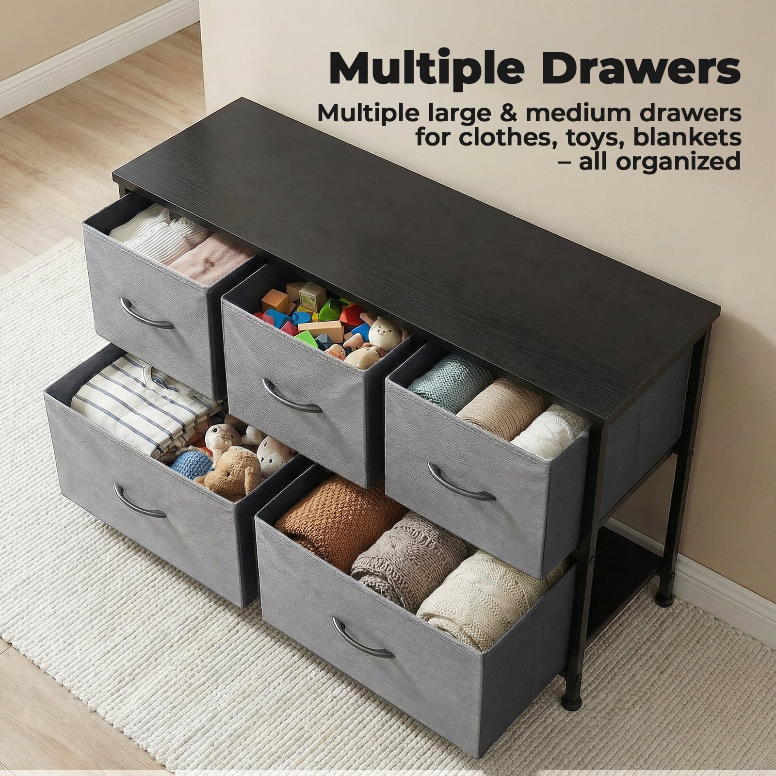 Alvantor Tall Dresser Fabric Storage Tower ,Wooden Top for Kid Room, Closet, Entryway, Nursery