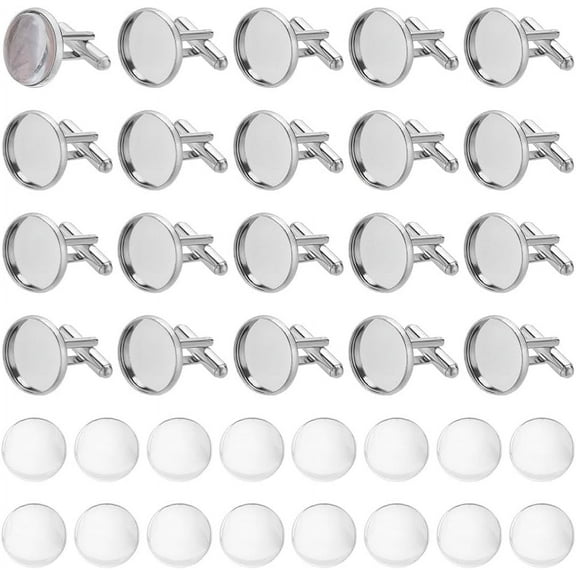30 Sets Cufflinks Settings Blank Cufflinks Bulk Brass Cufflink Kit with Cabochon Button Cabochons Tray with Dome Cuff Button