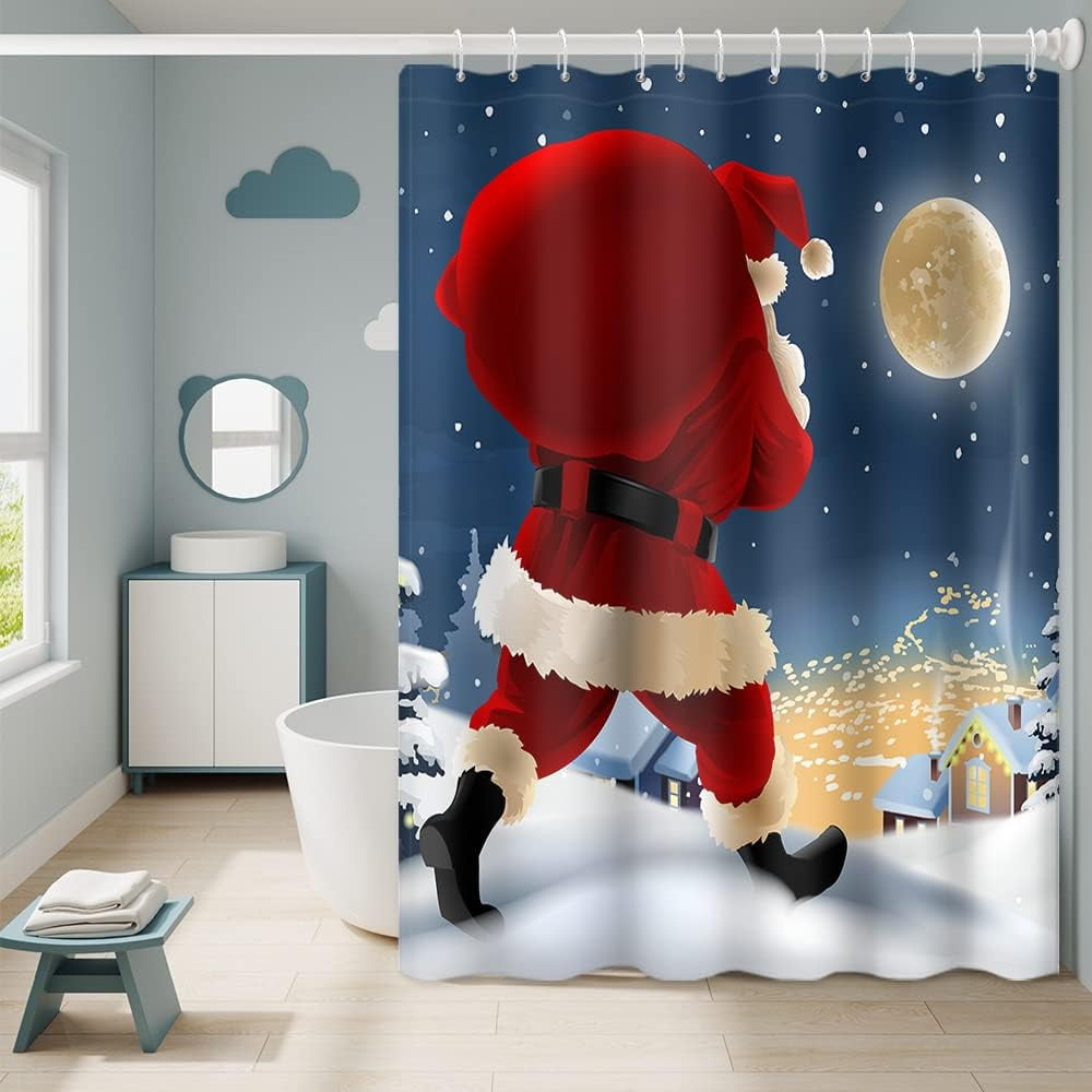 Sonernt Christmas Themed Shower Curtain with Hooks Red Santa Claus