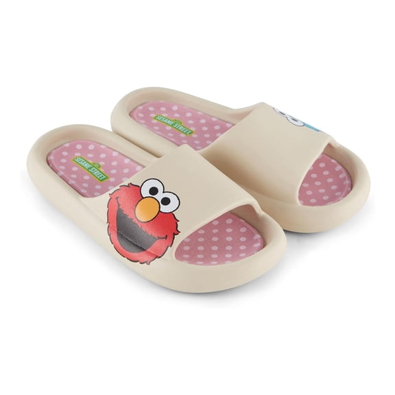 Sesame Street Women’s Slide, Printed Cozy Comfort Foam Elmo Slippers Beige - 7