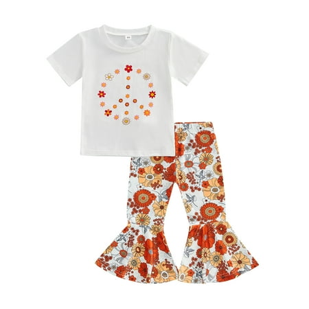 

Calsunbaby Kids Little Girls Summer 2Pcs Outfits Short Sleeve O Neck T-shirt + Floral Flared Pants Clothes Sets White 4-5 Years