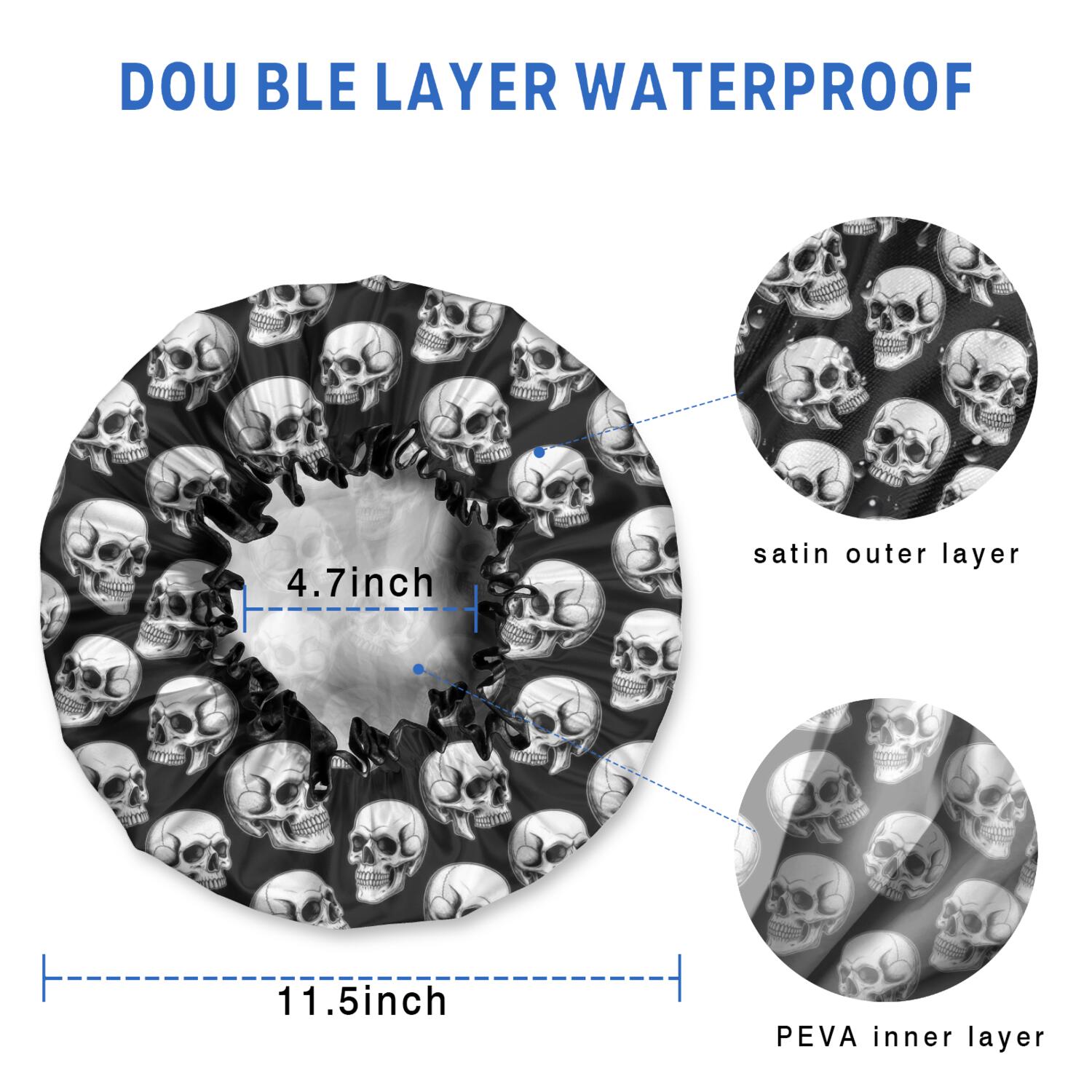 Shower Caps,Black White Skull Pattern Waterproof Shower Cap for Women 4 Pieces,Double Reusable Hair Cover for Shower PEVA Elastic Stretch Hem