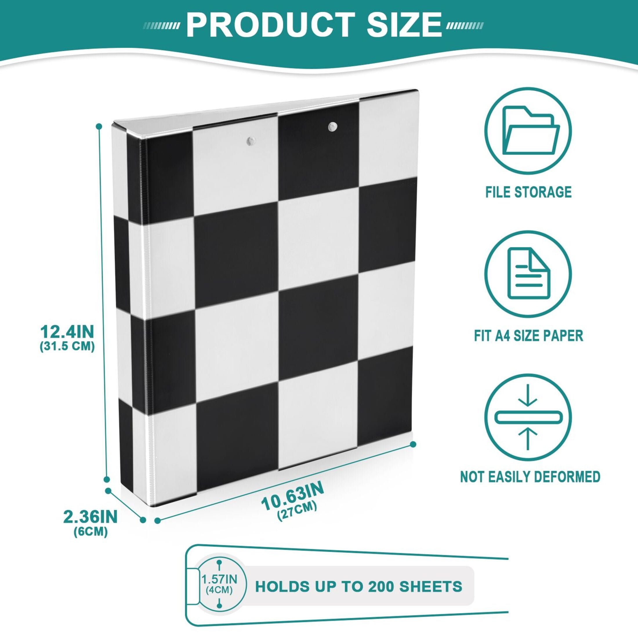 Black White Checkerboard 3 Ring Binders 1.5 inch Hardcover File Folders with Interior Pockets A4 Size Organizer for School Office Hospital