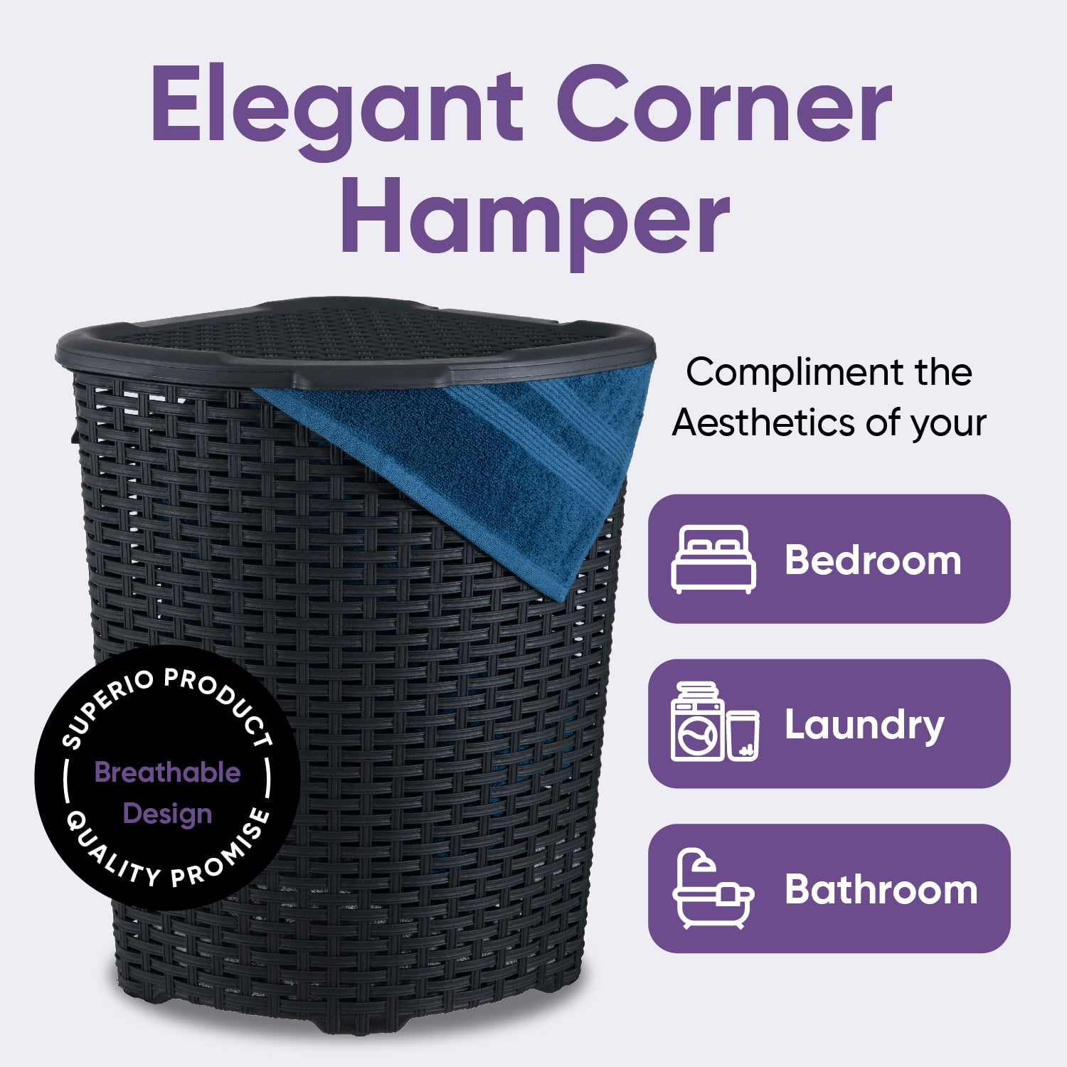 Corner Laundry Hamper Basket with Lid, 50 Liter - Black