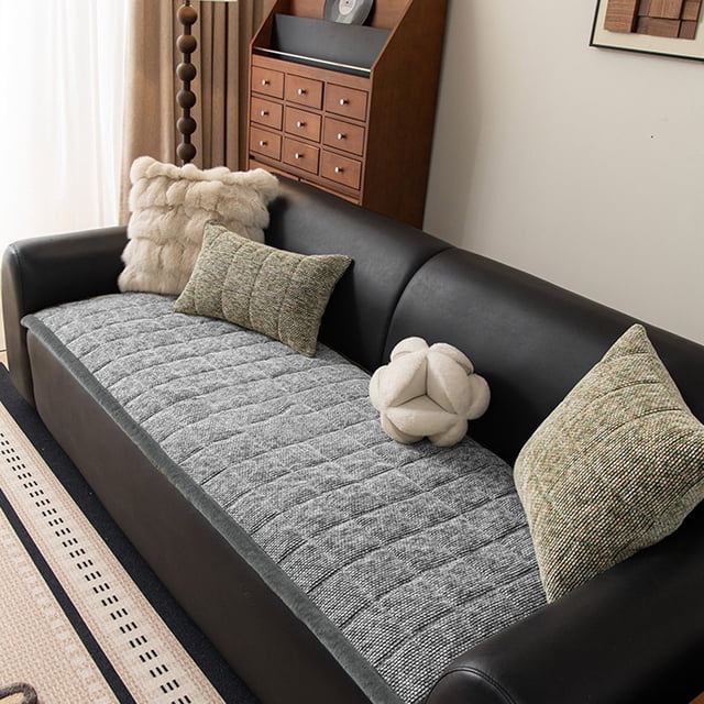 Sofa Cushion Cover - Thickened Winter Plush Fabric, Quilted Design with Non-Slip Base, Machine Washable, Soft & Warm Home Decor, Gray, JKODE