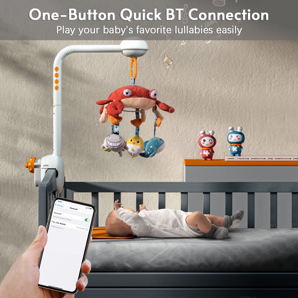 mobile for Multifunctional Crab Musical Mobile Toy Starry Projector Light with 360° Rotatable Cute Cartoon Hanging Rattles Pendants for Newborn Infants