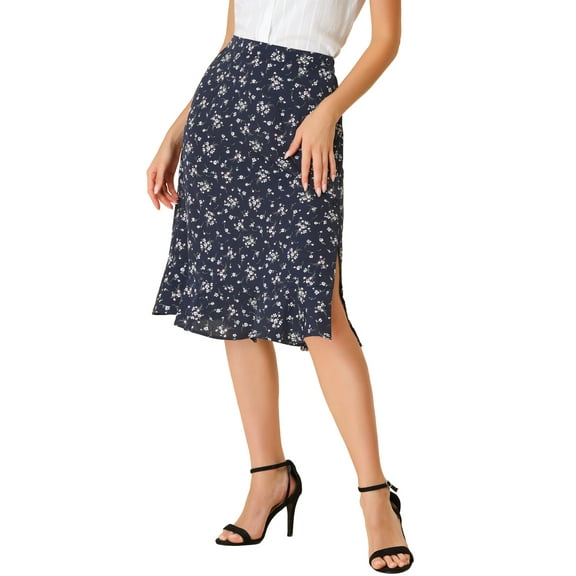 DARING DIVA Women's Floral Ruffle Hem Elastic Back Split Skirt XS Dark Blue