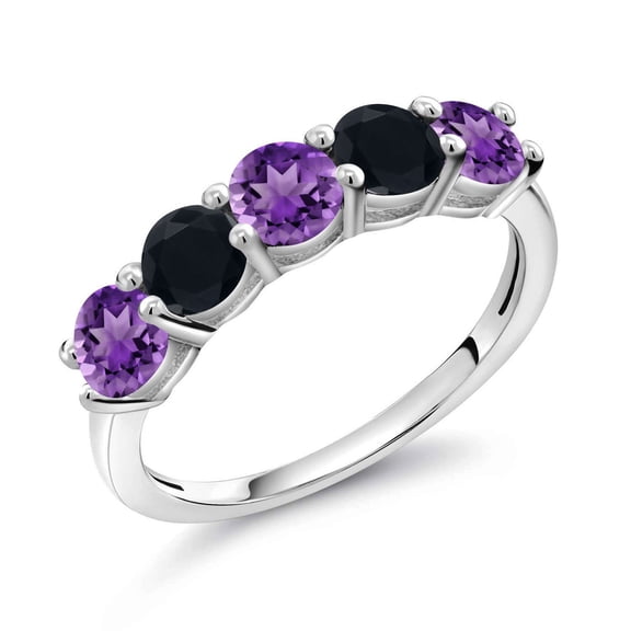 Gem Stone King 925 Sterling Silver Purple Amethyst and Black Onyx Wedding Band Ring for Women (0.74 Cttw, Round 3.5MM, Gemstone February Birthstone, Size 7)