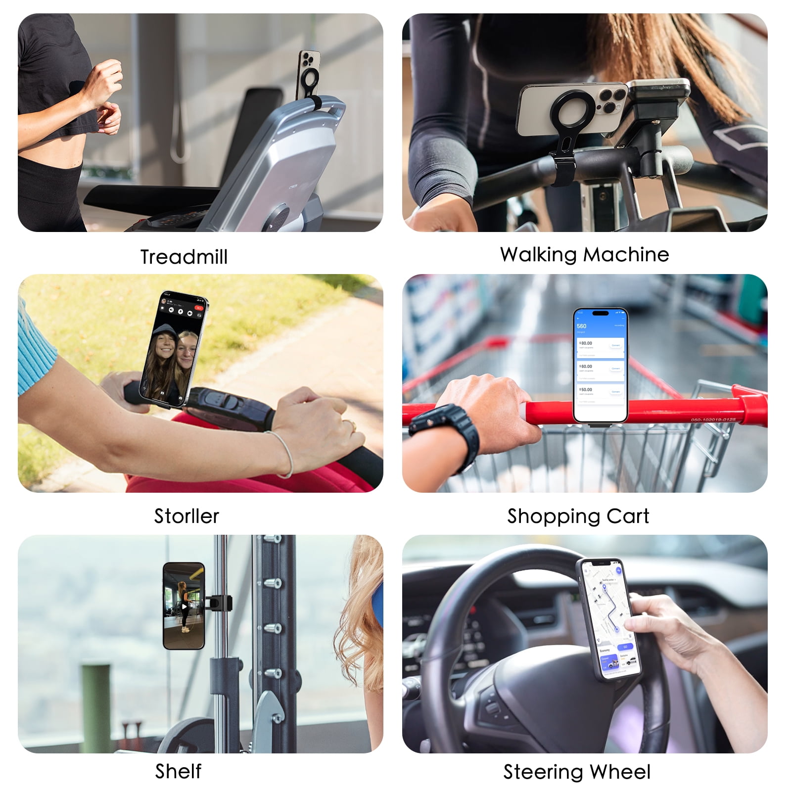 Magnetic Phone Holder for Stroller Bar, Compatible with MagSafe (Strong Magnet) - Phone Holder for Gym, Home Fitness Bikes, Shopping Cart, with Adjustable Strap, All Phone (Magnetic Ring Included)
