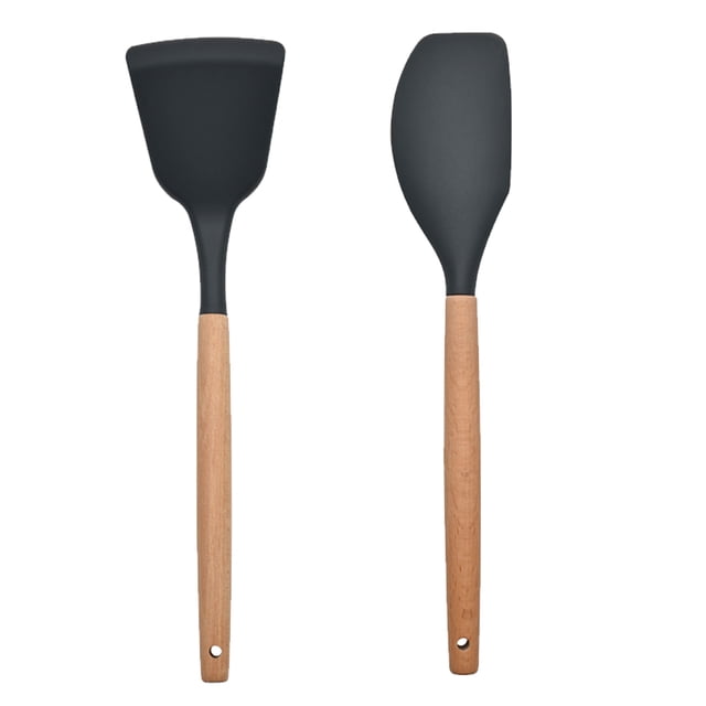 Juego de 2 utensilios de silicona antiadherentes con mangos de madera redondeados para cocinar y hornear
