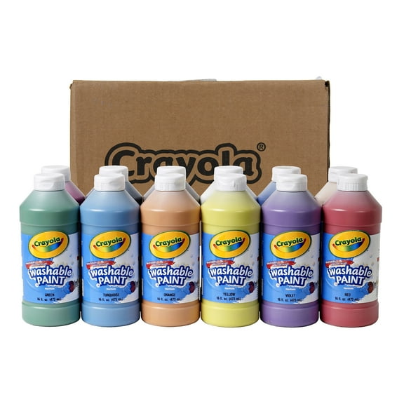 Crayola Washable Paint, Assorted Colors, 16 oz, 12 Count