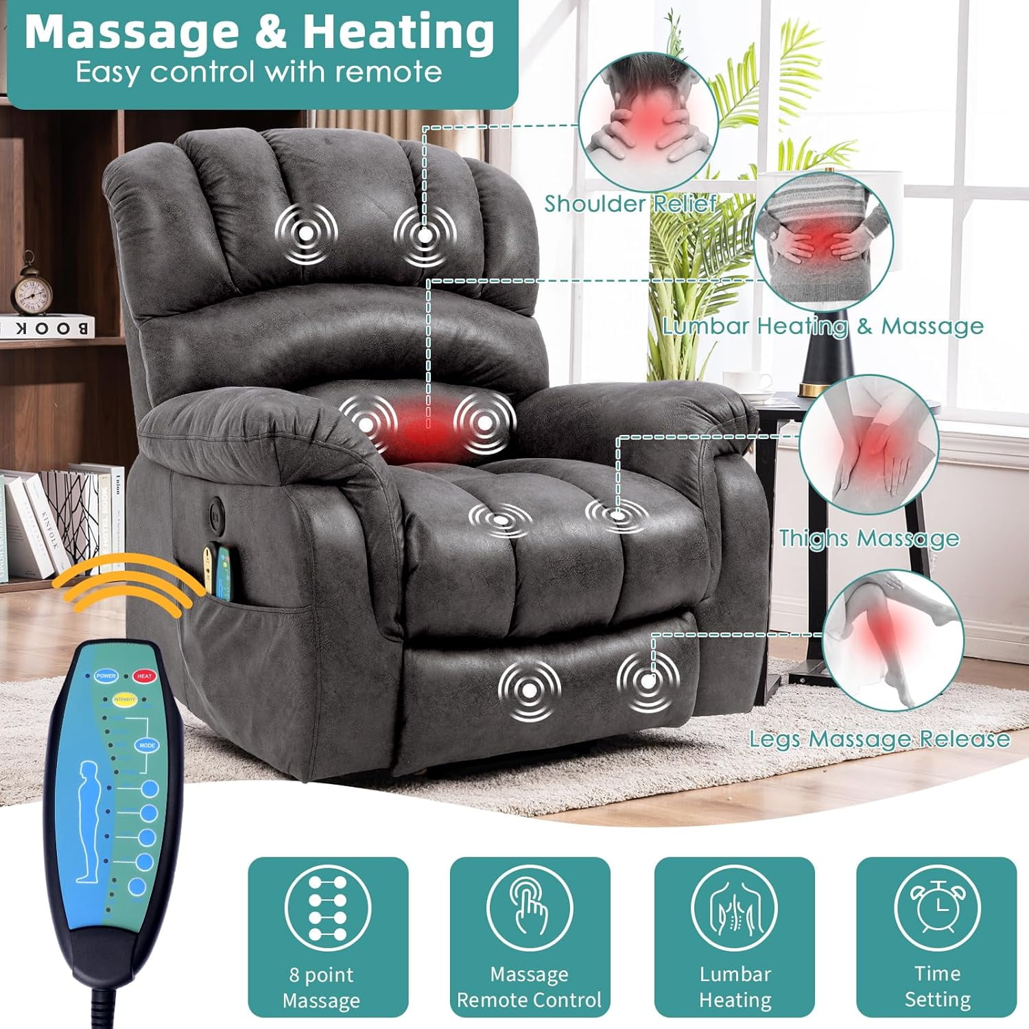 MEETWARM Large Power Lift Electric Recliner Chair with Extended Footrest for Elderly, Big and Tall Lift Chair for Seniors Reclining Chair for Living Room with Massage and Heated,USB Ports(Gray)