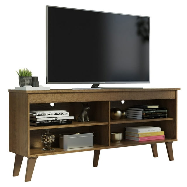 Madesa Compact TV Stand Cabinet with 4 Shelves and Cable Management for 50, 55 Inch TV Media Storage Unit. This modern wooden television media console in a rustic finish features four open shelves for storing entertainment devices, books, and decor. The back panel includes cable management holes for organized wiring. Suitable for living rooms and bedrooms, it is crafted from high-quality particle board with sturdy legs and a durable finish. Dimensions: 23'' H x 13'' D x 54'' L, with a tabletop weight capacity of 66 lbs and 11 lbs per shelf.