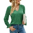 thumbnail image 1 of Blusa de fibra de poliéster de manga larga con costuras huecas de invierno, talla L, blusa de encaje verde con escote en V, 1 of 5