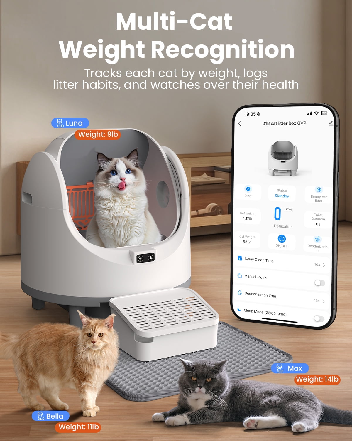 Self Cleaning Litter Box,  for Multi Cat, Odor Removal, Health Monitoring, Large Capacity Litter Box，App+ Panel Control，Ultra-Quiet Motor