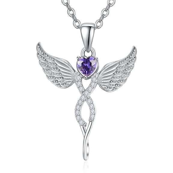 TANGPOET Guardian Angel Necklaces for Women Sterling Silver Angel Wings Pendant February Amethyst Birthstone Jewelry Birthday Gifts