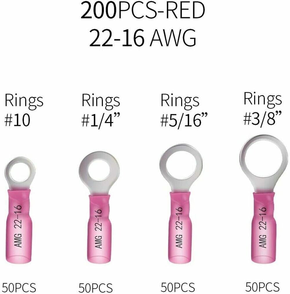 200pcs  Heat Shrink Ring Terminal Connector Red 22-18 GA #10 1/4-3/8" Crimp Wire