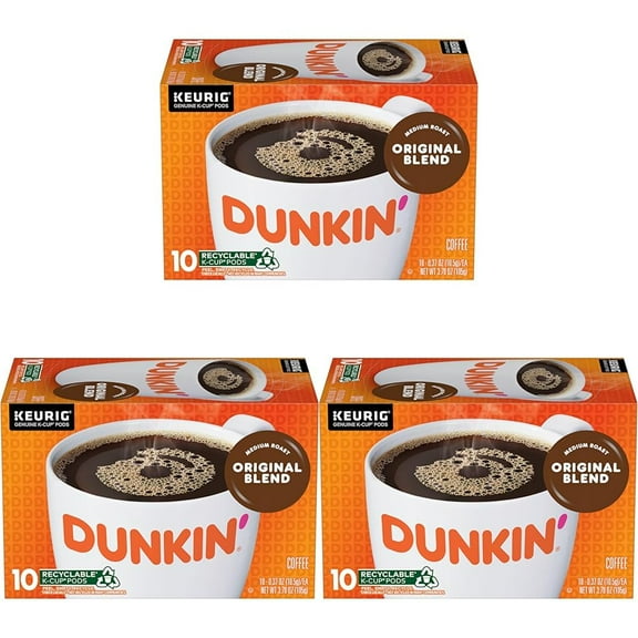 Dunkin, Original Blend Medium Roast Coffee, 10 Keurig K-Cup Pods (Pack Of 3).