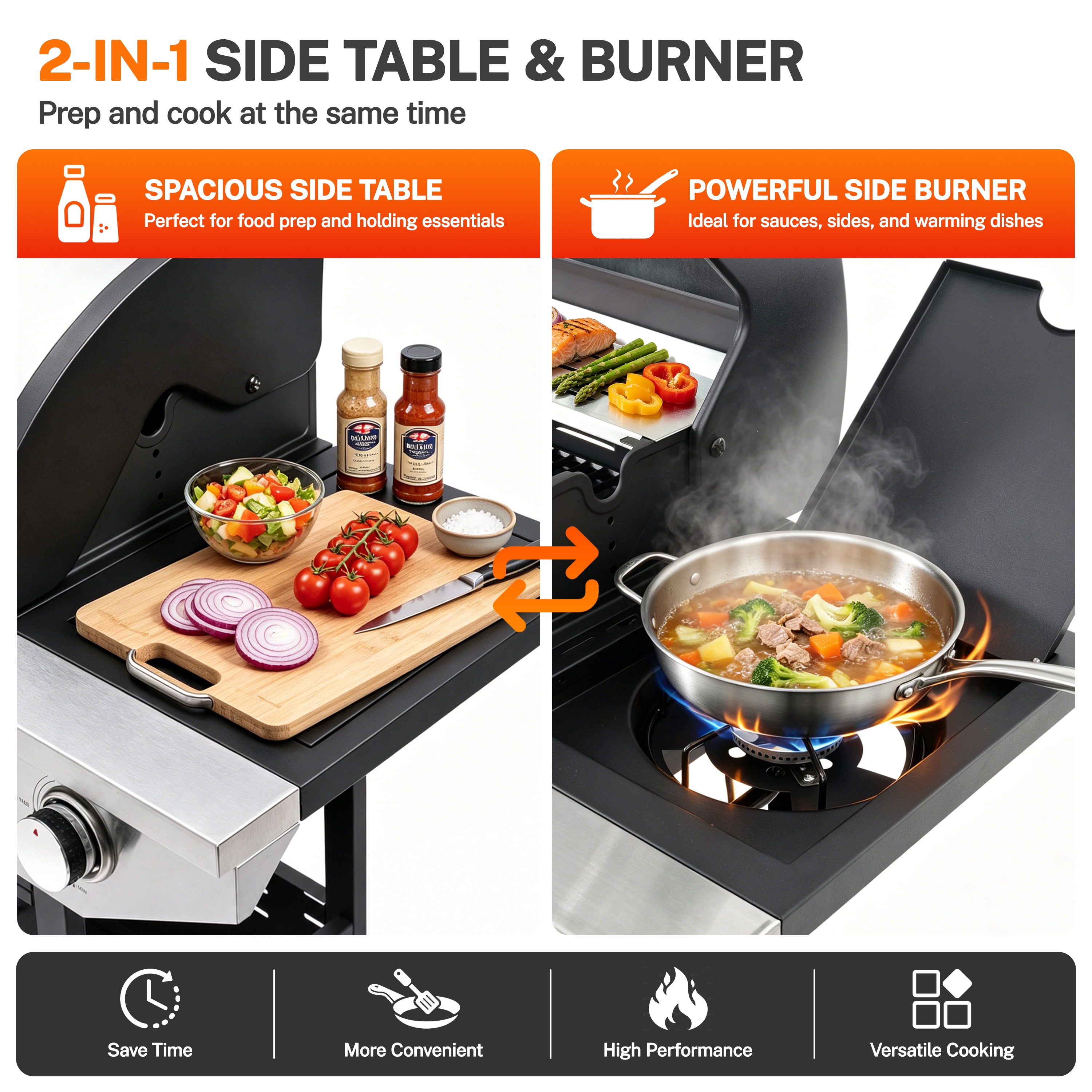 SEGMART 4 Burner Propane Gas Grill with Side Burner, 46,500 BTU Outdoor Cooking BBQ Grill with Porcelain-Enameled Cast Iron Grates, Equipped with Temperature, Tool Hooks, and Bottle Opener