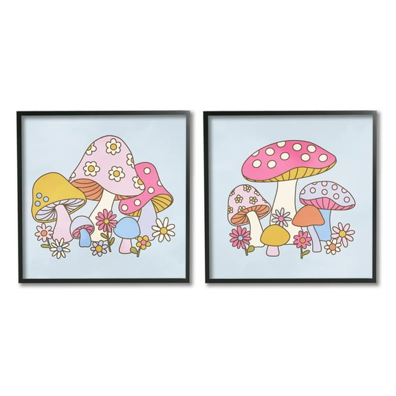 Stupell Industries Groovy Floral Mushrooms Botanical & Floral Painting Black Framed Art Print Wall Art, 12 x 12, Set of 2