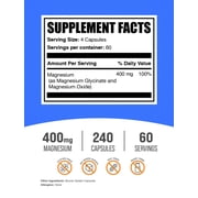 BulkSupplements Magnesium Glycinate Capsules - Easily Absorbed, Magnesium Supplement, 4 Capsules per Serving (400mg Magnesium), 240 Count