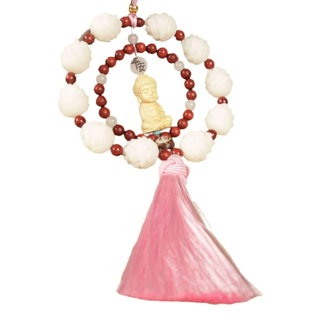 Colgante de Buda de madera para coche, decoración de 55 cm de largo para espejo retrovisor. Borlas rosas