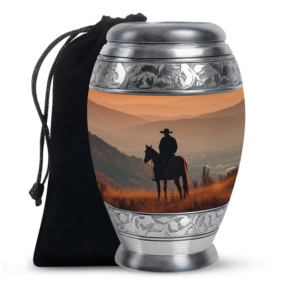 Atrikya Cowboy Sunset Urns For Ashes Adult Female - Large Urn For Men & Women Ashes - Horse decorative Urns For Mom & Dad - Funeral Urn For Male (size- 10inch )