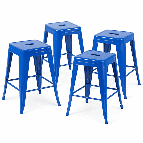 Sapphire Glow Metal Bar Stools Set of 4, 24 Inch Sophisticated Counter Height Stools, Deep Blue Stackable Barstools for Home Bar & Kitchen, Elegant Industrial Metal Chairs