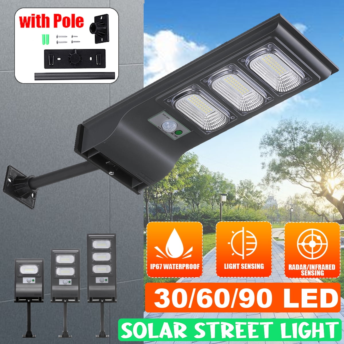 30W/60W/90W LED Solar Street Light PIR Motion Sensor Outdoor Wall Lamp+Remote 