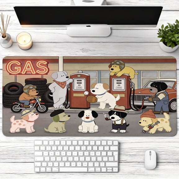 vintage cartoon dogs gas station adventure Mouse Pad, Non Slip Rubber Pad, Desktop Decoration Drotection Pad, Washable, Lock Edge Multi Size, Mousepad For Home