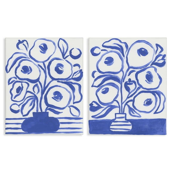 Stupell Industries Modern Blue Floral Vase Plants & Flowers Painting Wrapped Canvas Art Print Wall Art, 16 x 20, Set of 2