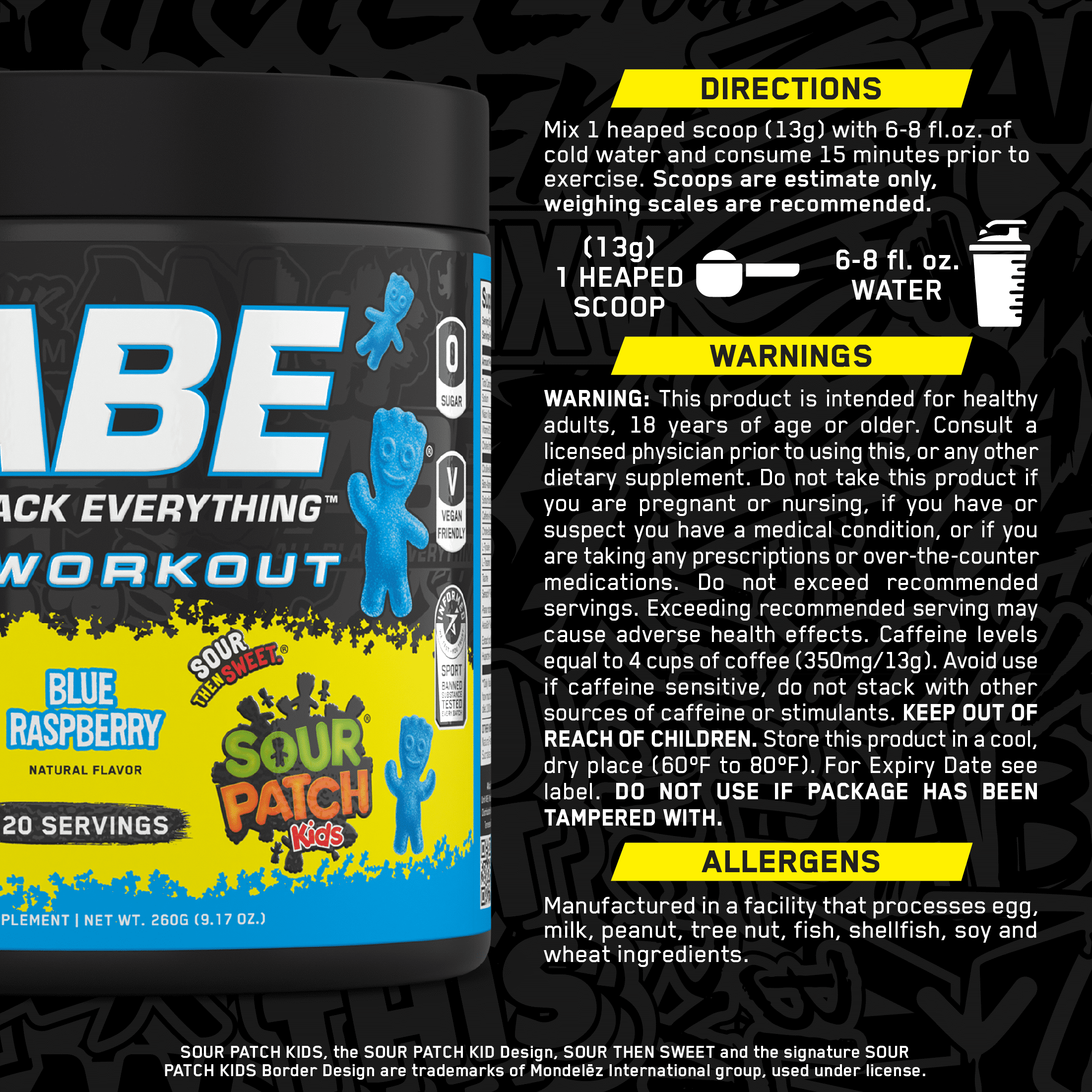 ABE Caffeine Pre Workout Powder, Sour Patch Kids Blue Raspberry Flavor, 20 Servings